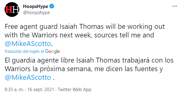 Isaiah Thomas entrenará con Warriors (Foto: @hoopshype)