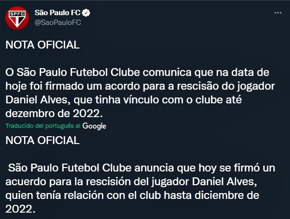 Sao Paulo oficializó la rescisión de contrato de Dani Alves (Twitter @SaoPauloFC)