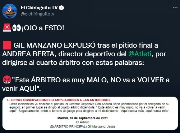 Gil Manzano informó al director deportivo de Atlético de Madrid, Andrea Berta