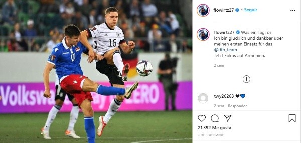 Florian Wirtz, en su debut con la Selección de Alemania (Instagram @flowirtz27)