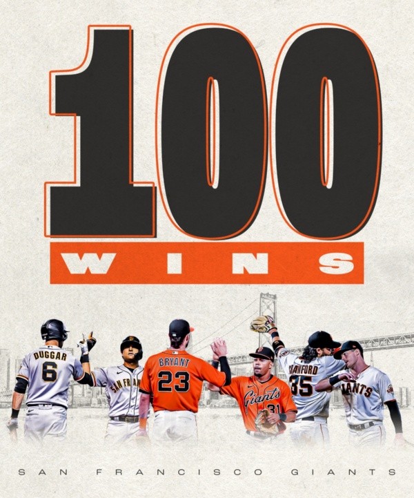 El afiche por llegar a los 100 triunfos en MLB 2021 (SF Giants)