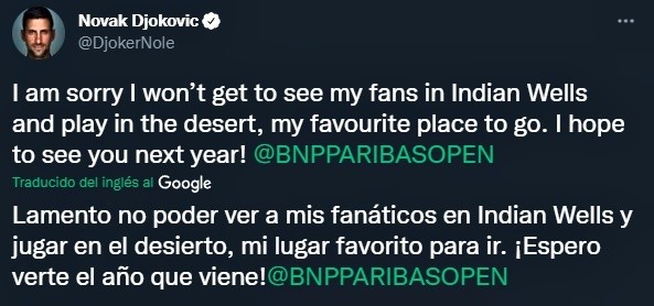 Novak Djokovic confirma su baja de Indian Wells