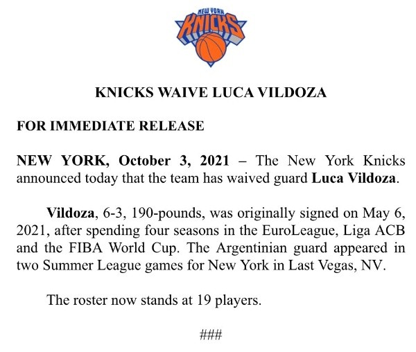 El comunicado sobre la salida de Luca Vildoza (NY Knicks)