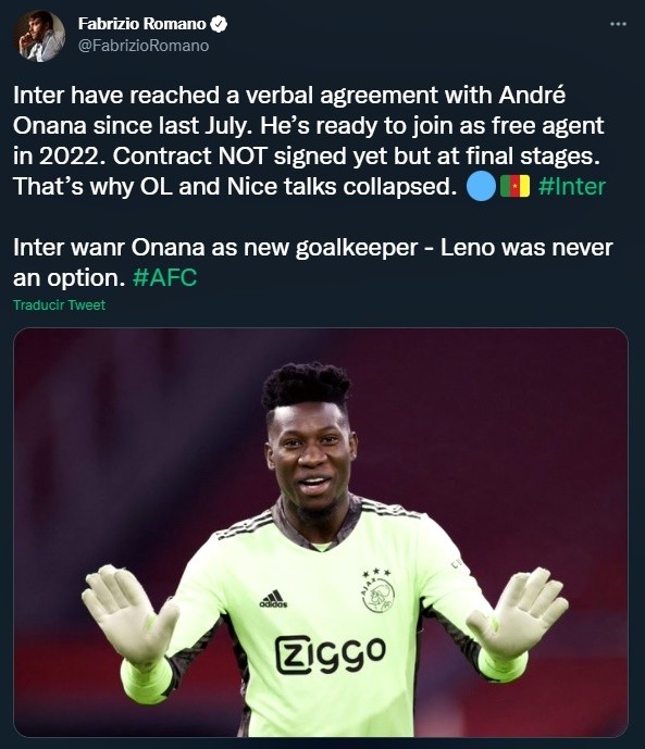 Onana será el sucesor de Handanovic en Inter, según Fabrizio Romano