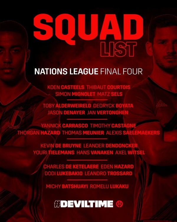 La lista de convocados de Bélgica para el Final Four de la UEFA Nations League (Twitter @BelRedDevils)