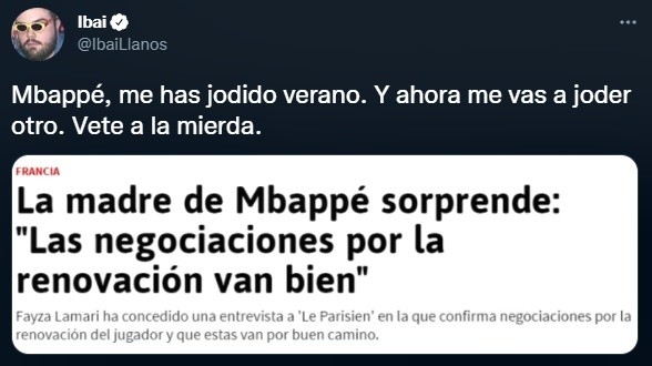 Tuit de Ibai Llanos sobre la posible renovación de Mbappé con PSG