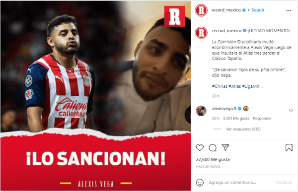 Comentario de Alexis Vega en el Instagram de Récord