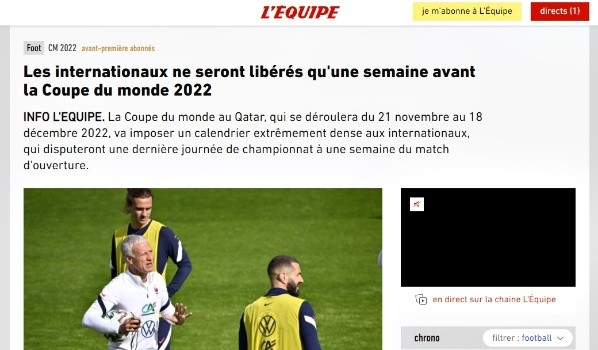 L'Equipe informa sobre el poco tiempo que habrá entre Mundial y actividad para las ligas