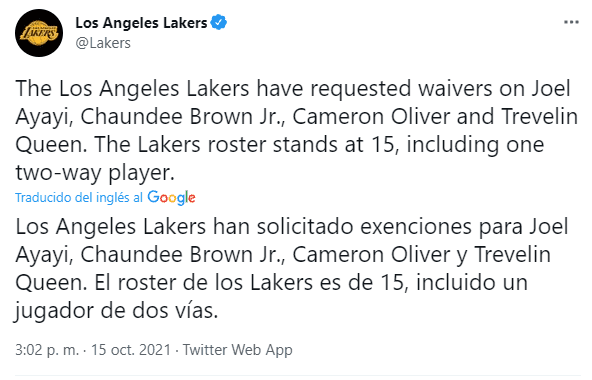 Los Angeles Lakers cortan a 4 jugadores (Foto: @Lakers)