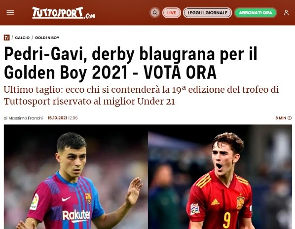 Pedri y Gavi destacan en la lista de 20 finalistas al Golden Boy 2021 (Tuttosport)