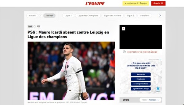 L&#039;Equipe adelantó la baja de Icardi para enfrentar a Leipzig