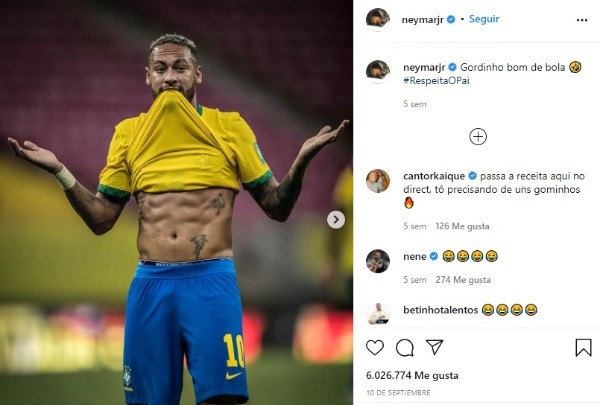 Neymar respondió a los críticos por su supuesto sobrepeso (Instagram @neymarjr)