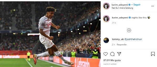 Karim Adeyemi, tras su buena actuación ante Wolfsburgo, en Instagram