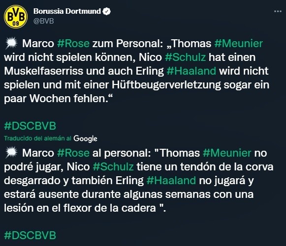 Marco Rose informa las ausencias de Meunier, Schulz y Haaland (Twitter @BVB)