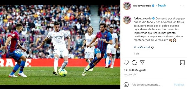 Fede Valverde, tras el Clásico y su lesión (Instagram @fedeevalverde)