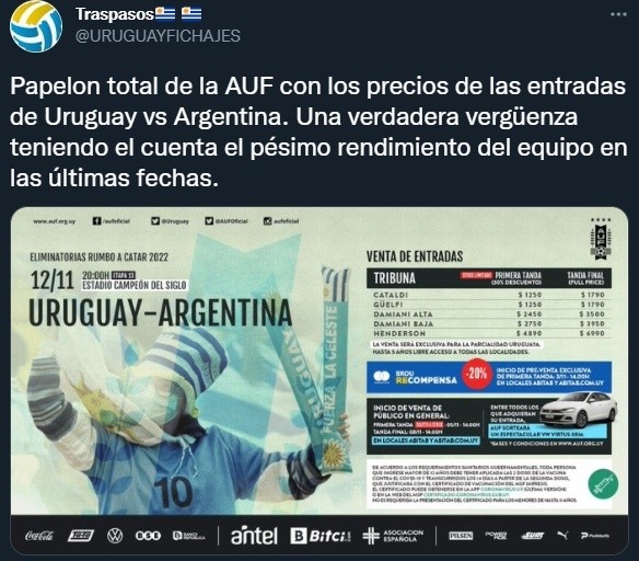 Una de las quejas de los hinchas uruguayos por los precios de las entradas