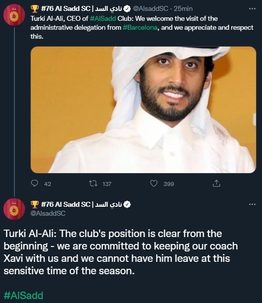 Las declaraciones del CEO de Al-Sadd sobre Xavi (Twitter @AlsaddSC)