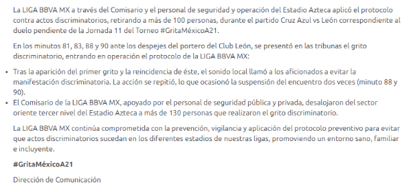 Comunicado oficial de la Liga MX