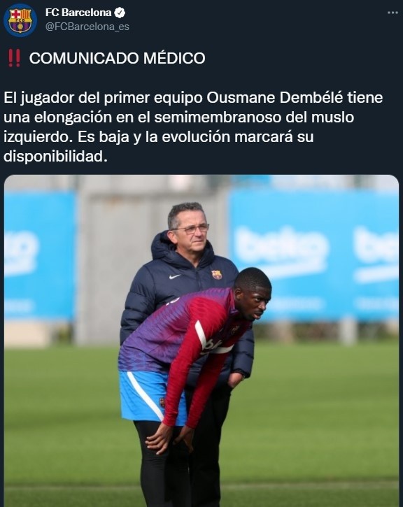Nueva lesión de Ousmane Dembélé (Twitter @FCBarcelona_es)