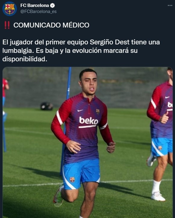 Sergiño Dest, lesionado y baja en Barcelona y Estados Unidos (Twitter @FCBarcelona_es)
