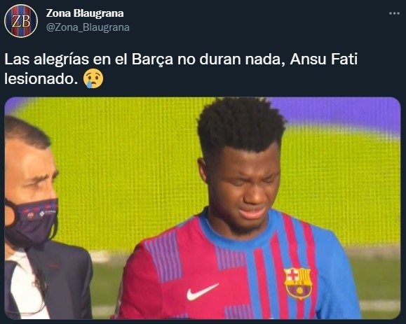Ansu Fati, decepcionado por una nueva lesión (Twitter @Zona_Blaugrana)