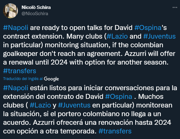 Las opciones a futuro de David Ospina (Twitter @NicoSchira)