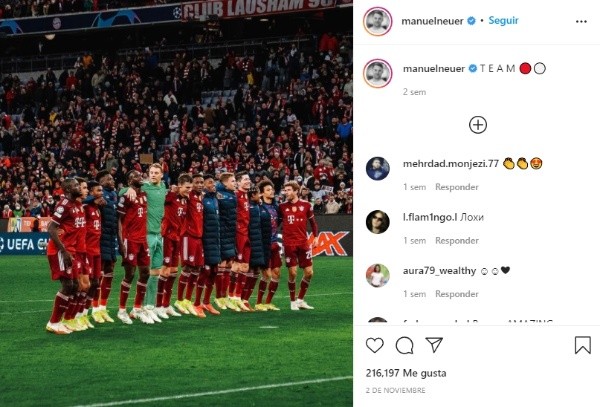 Manuel Neuer, referente de Bayern Múnich (Instagram @manuelneuer)