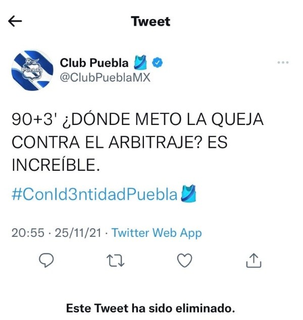 Captura de Twitter @ClubPueblaMX