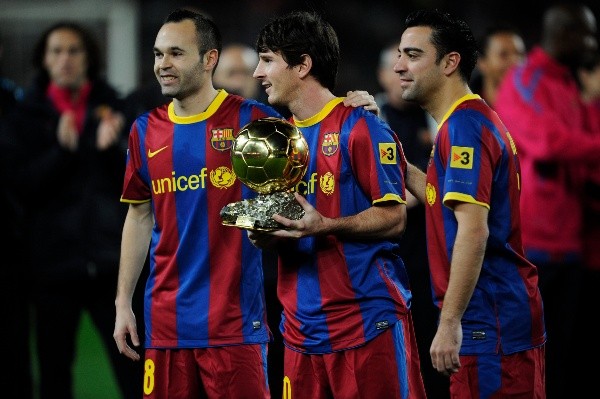 Iniesta, Messi y Xavi. (Getty)