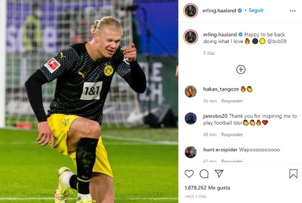 Erling Haaland, después de haber anotado en su regreso a las canchas