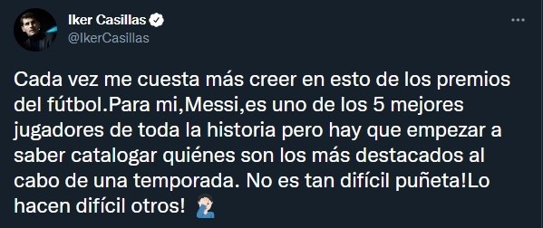 Iker Casillas y su crítica a la entrega de premios en fútbol (Twitter @IkerCasillas)