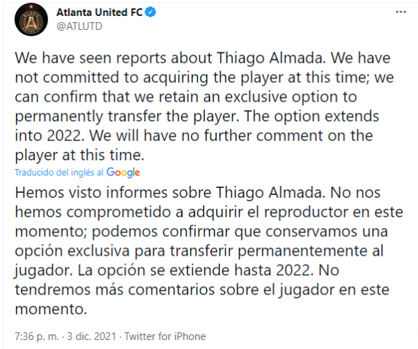 Atlanta United niega compra de Thiago Almada (Foto: @ATLUTD)