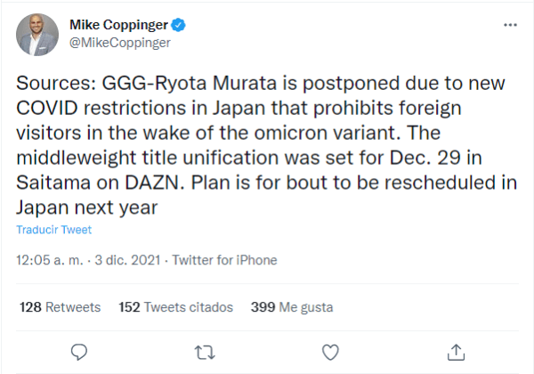 GGG vs. Murata pospuesta