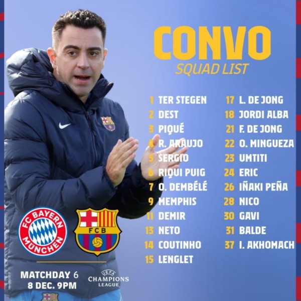 Convocatoria de Barcelona para su partido ante Bayern