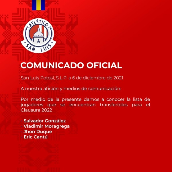 Comunicado del Atlético San Luis (TW San Luis)