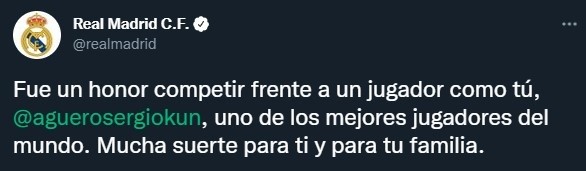 El mensaje de Real Madrid al 'Kun' Agüero por su retiro