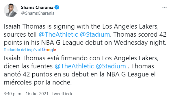 Isaiah Thomas será nuevo jugador de los Lakers (Foto: @ShamsCharania)