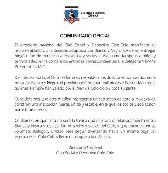 Comunicado CSD Colo Colo 