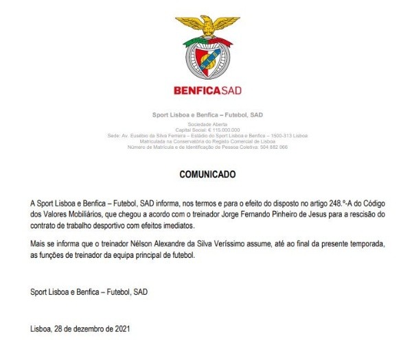 Comunicado oficial de Benfica con el despido de Jorge Jesús