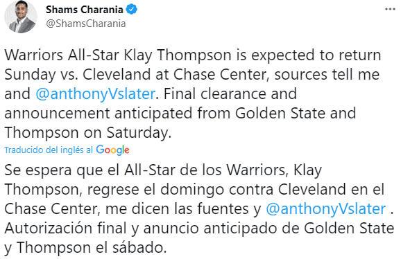 La fecha de regreso de Klay Thompson a la NBA (Foto: @ShamsCharania)