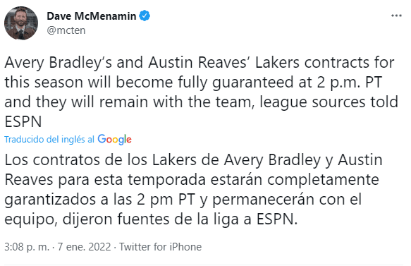Avery Bradley seguirá en Los Angeles Lakers (Foto: @mcten)