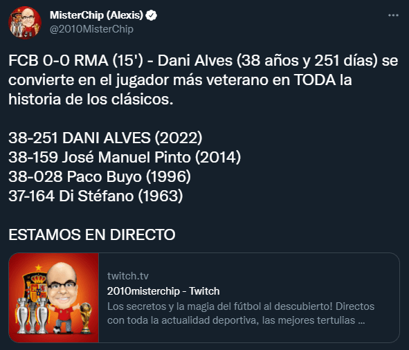Dani Alves, el más veterano en los clásicos Barcelona-Real Madrid (Twitter @2010MisterChip)