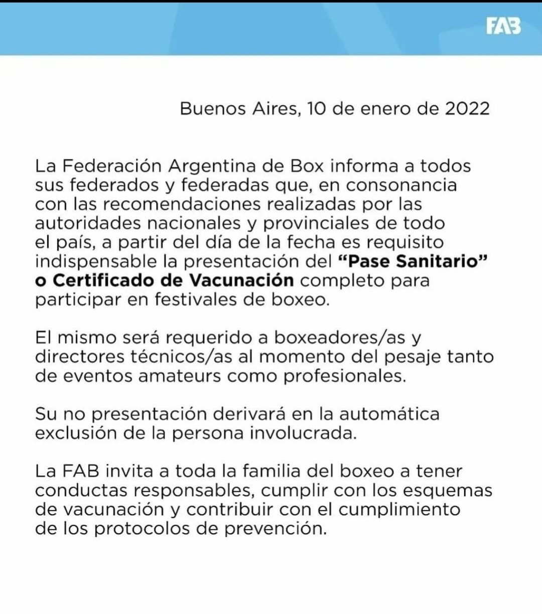Comunicado de la Federación Argentina Box.