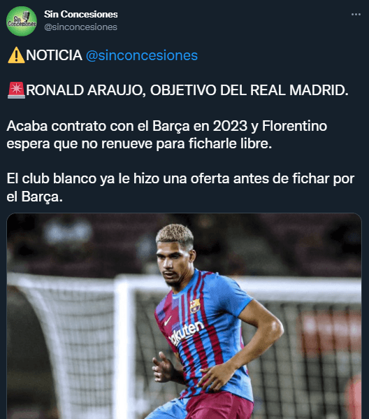 Araújo, en el radar de Real Madrid (Twitter @sinconcesiones)