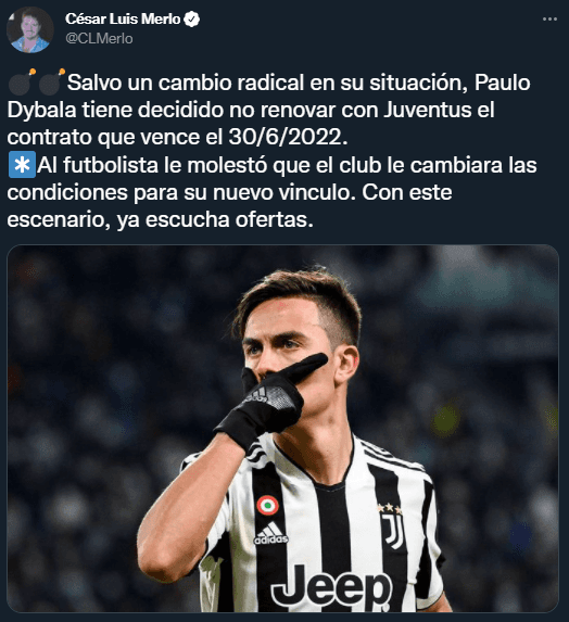 Dybala no renovaría con Juventus (Twitter @CLMerlo)