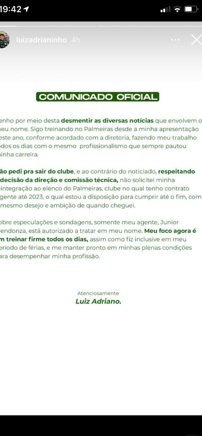 Luiz Adriano falou sobre o susposto interesse do Fluminense e de outros clube que teriam o procurado recentemente. Foto: Reprodução Instagram/ Luiz Adriano