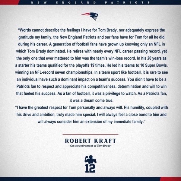 El comunicado firmado por el dueño Robert Kraft (@Patriots)
