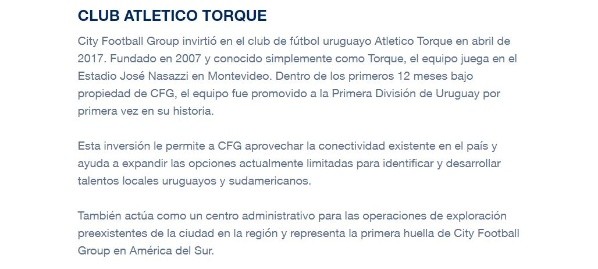 El anuncio del Club Atlético Torque sobre la llegada del City Group en 2017.