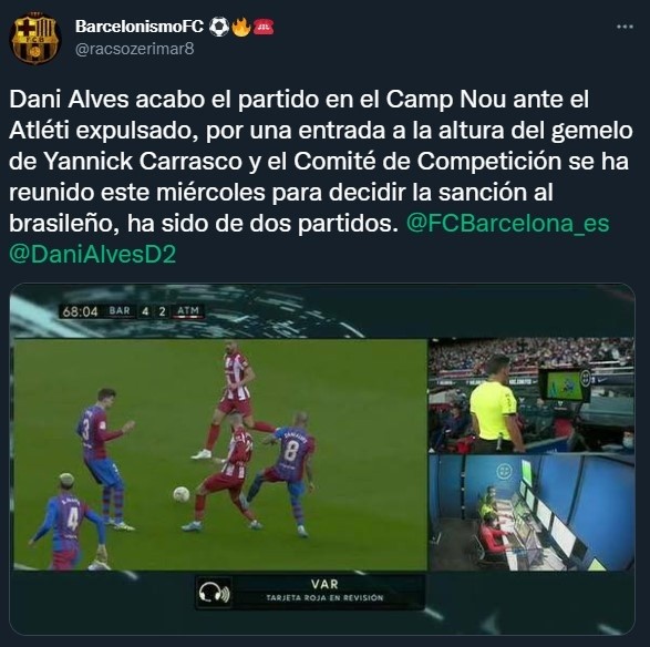 Dos fechas de sanción para Dani Alves tras esta patada