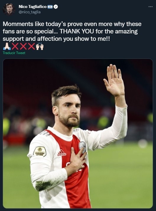 El mensaje de Tagliafico tras su reciente partido en Ajax (Twitter @nico_taglia)